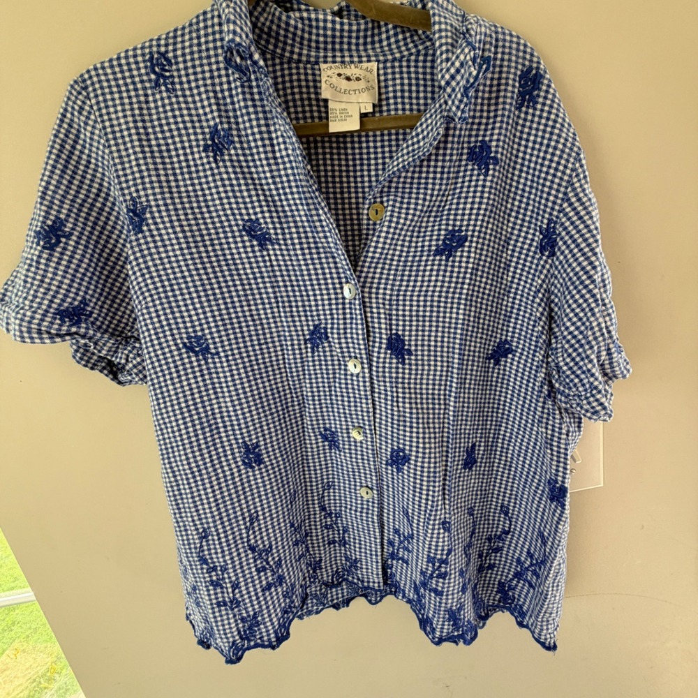 VTG Country Wear Collections Gingham Top Women Large Blue Linen Cottagecore